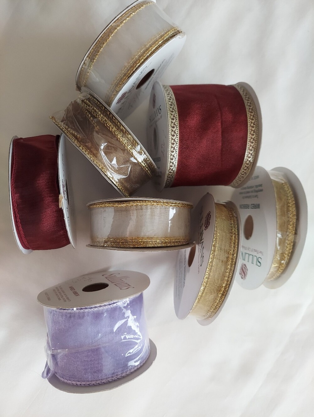 New Sullivans Decorative Wire-edge Ribbon Bundle, Burgundy, White, Gold,Lavender